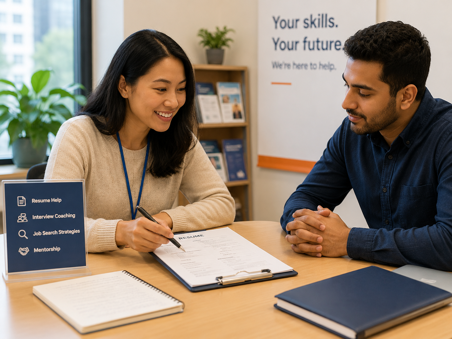 A mentor and client reviewing a resume together