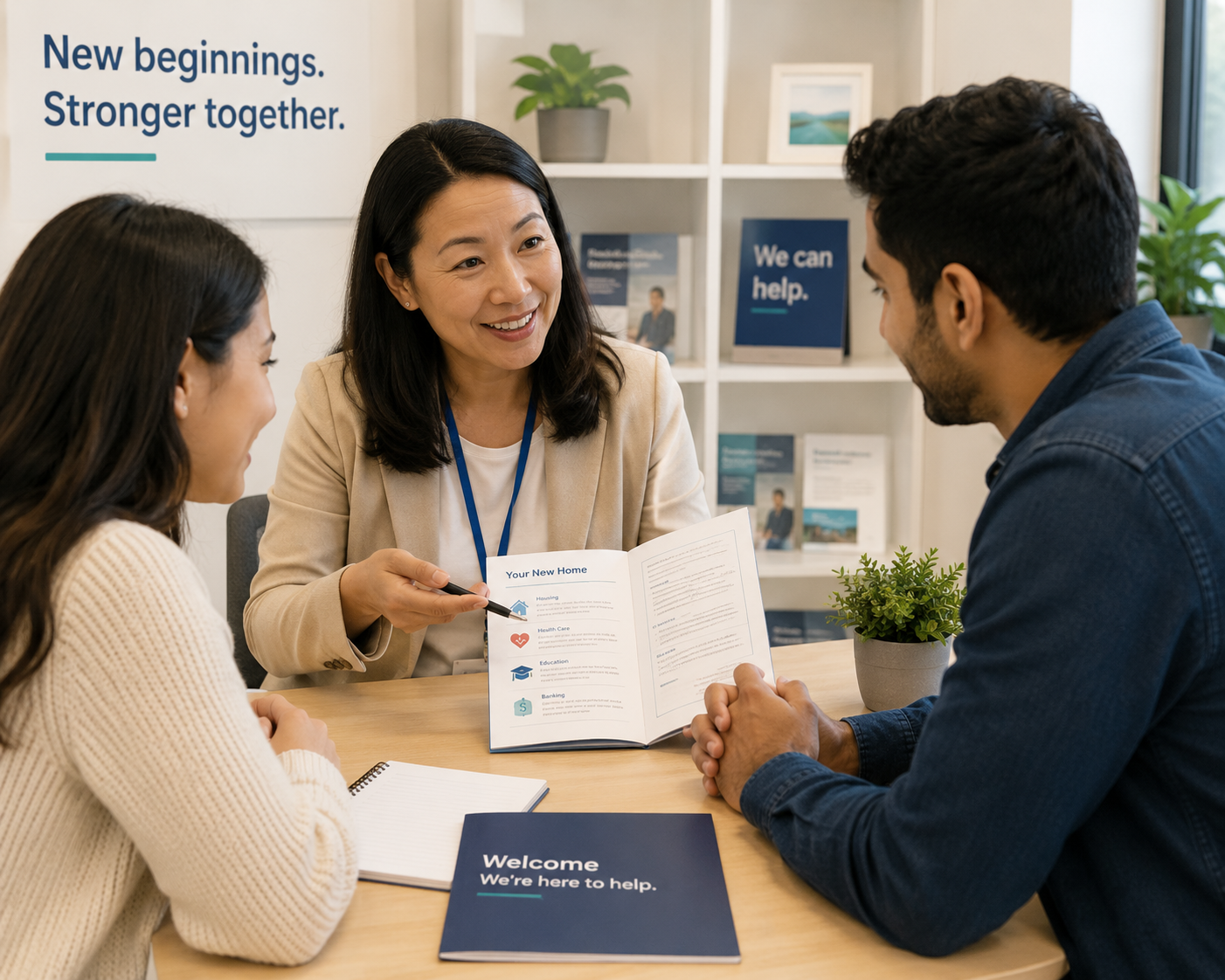 A staff member helping someone complete a form